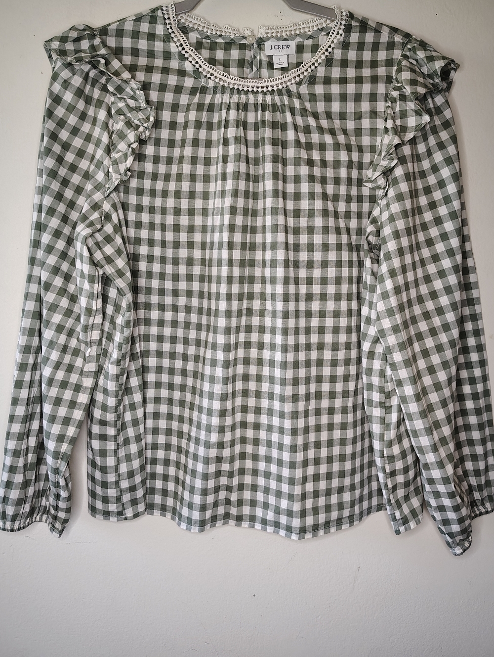 J.Crew Sage Green Plaid Blouse Large Coquette Cottage Prairie Ruffle Puff Sleeve